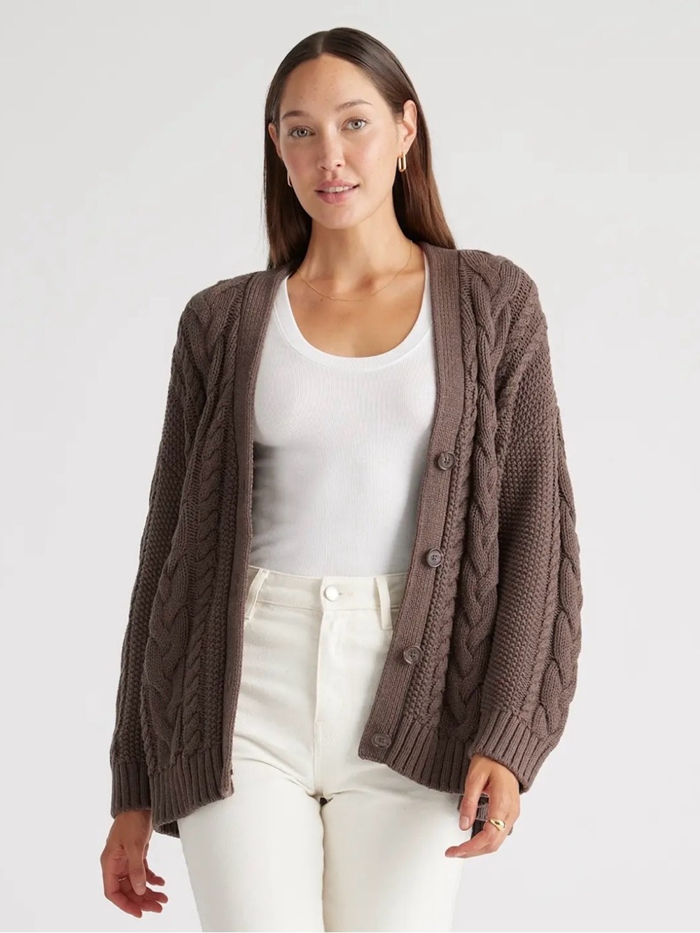 Quince 100% Organic Cotton Oversized Cable Cardigan Heather Brown S